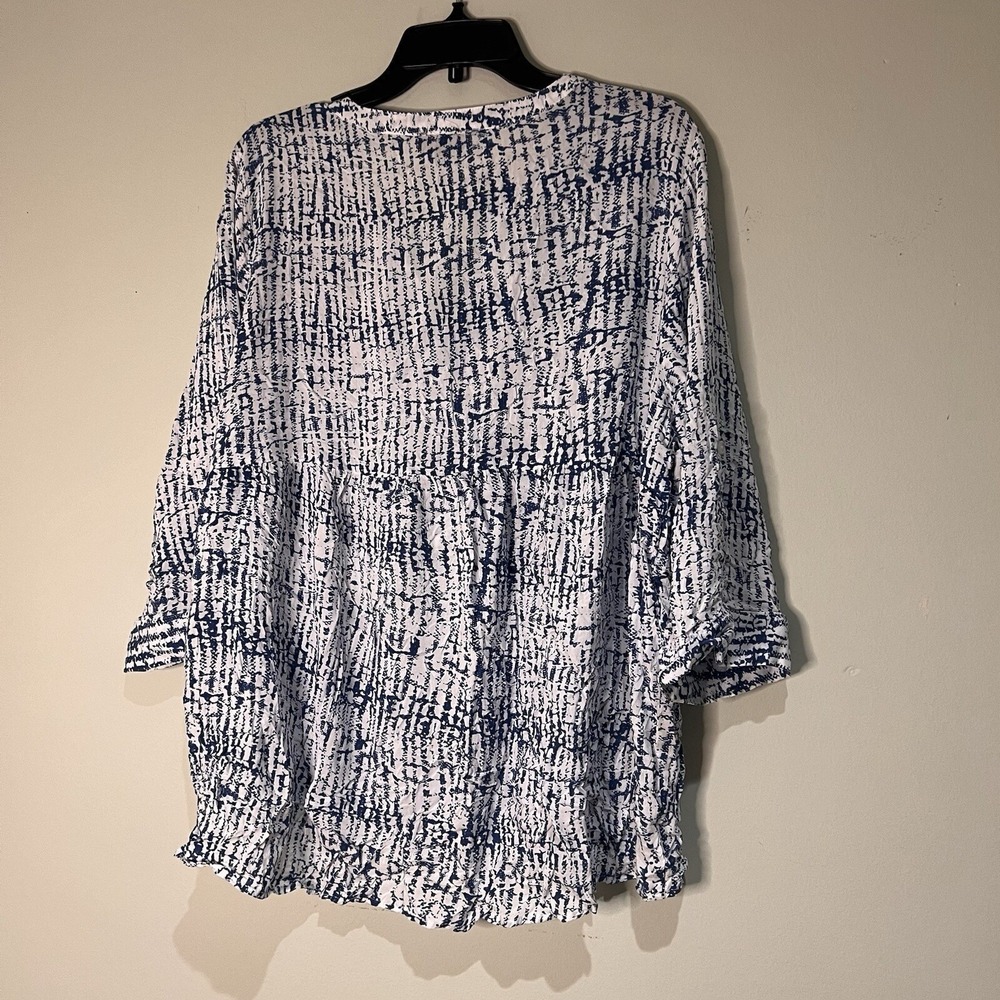 Jones New York 1X Blue White 3/4 Roll Tab Sleeve Button Down Henley babydoll Top